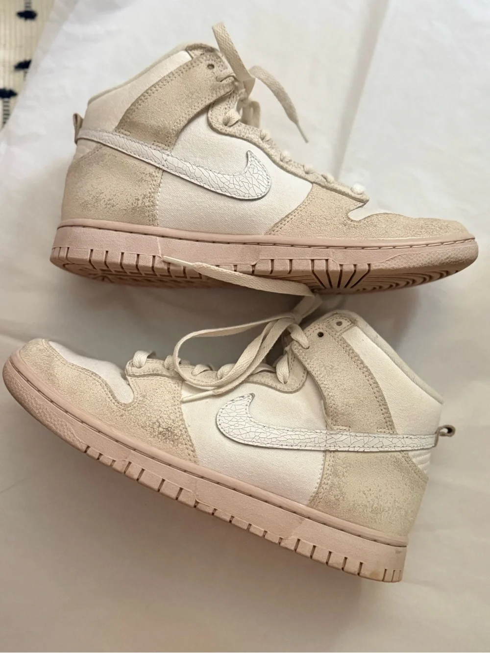 Nike Dunk High-Top Retro PRM Cracked Leather Swoosh Sneakers in Cream & White